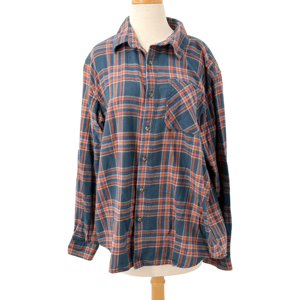 Magellan Outdoors Women's Blue Orange Plaid Flannel Roll Tab Sleeve Shirt Size L
